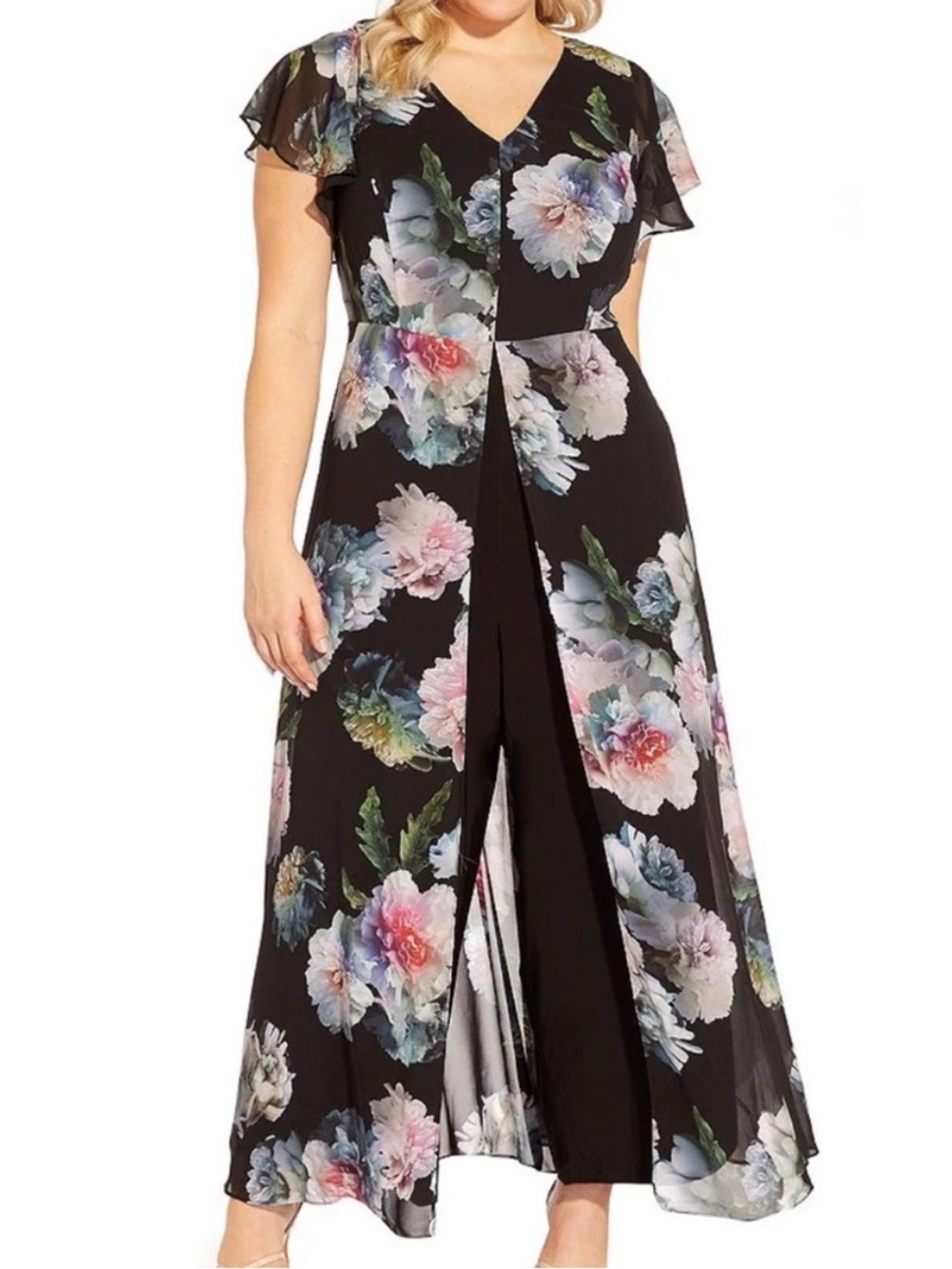 Adrianna Papell Black Floral Overlay Jumpsuit